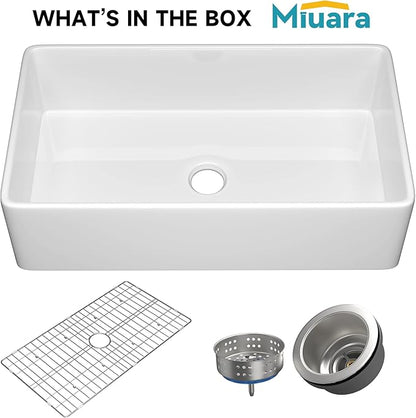 Miuara Farmhouse Sink 36 Inch - Extra Large Apron Front Kitchen Sink Reversible 36"x20"x10", Undermount, Farm House Style Deep Single Bowl, Heavy Duty Solid Fireclay, Glossy White, for Kitchen