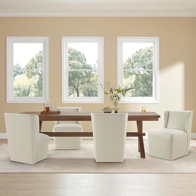 KISLOT Upholstered Dining Chairs Set of 2 with Casters, Wingback Modern Side Armless Deskchair with Rollers for Diningroom Bedroom Livingroom Reading Room, Cream Faux Leather