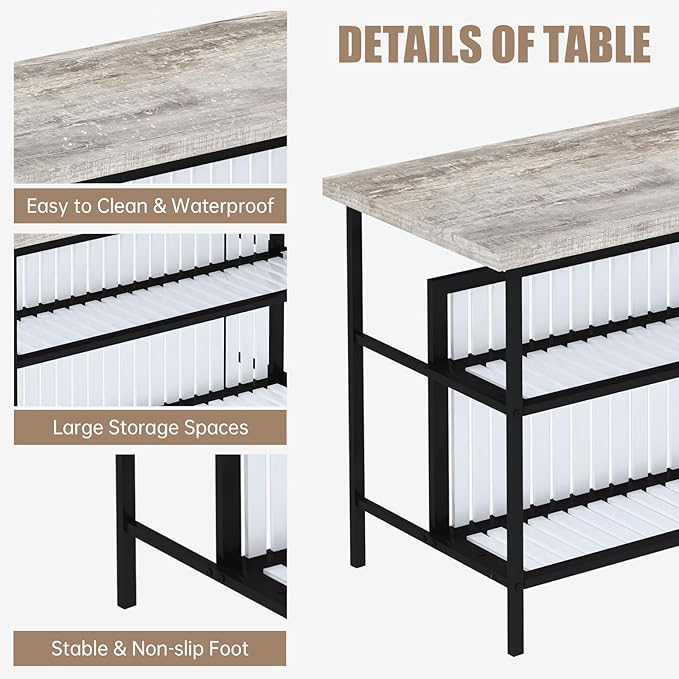 AWQM Kitchen Island with Seating & Storage Shelf, Modern Bar Table and Chairs Set for 2, Wooden Island Table for Kitchen, Dining Table Set for Small Space, Grey
