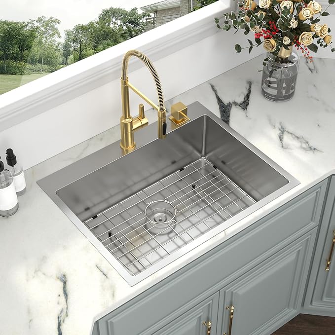 Kichae 28 Drop in Kitchen Sink - 28x22 Inch Kitchen Sink Drop in 16 Gauge Stainless Steel Single Bowl Handmade Topmount Basin with Drain Strainer