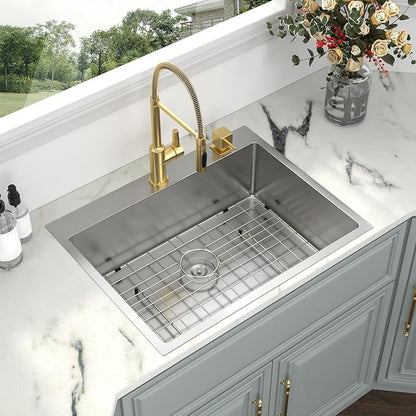 Kichae 28 Drop in Kitchen Sink - 28x22 Inch Kitchen Sink Drop in 16 Gauge Stainless Steel Single Bowl Handmade Topmount Basin with Drain Strainer