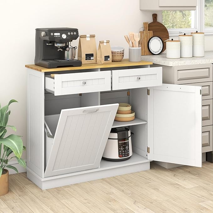 Giantex Tilt Out Trash Can Cabinet, Kitchen Island Table w/Solid Wood Top, 2 Drawers, Adjustable Shelf for Hidden Laundry Hamper, Pet Proof Garbage Can for Dining Living Room (White, 14.5 Gal)