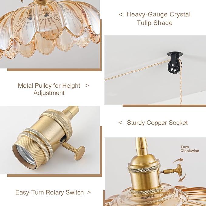 Plug in Pendant Light Fixtures, Hanging Light Fixture Glass Pendant Light, Vintage Amber Hanging Lamp, Pendant Lighting for Kitchen Island, Bedroom, Dining Room, Living Room