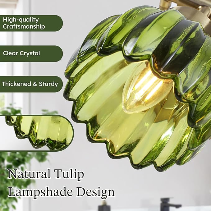 Generies Green Glass Vanity Light, Vintage 3-Light Bathroom Vanity Light Fixture Over Mirror, Art Deco Wall Sconce Lighting for Bathroom, Bedroom, Hallway, Brushed Gold