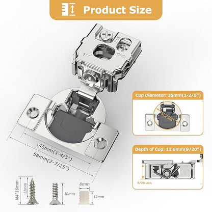 Furniware 50 Pieces 1 inch Overlay Soft Close Cabinet Hinges for Face Frame Cabinet, Stainless Steel, 105° Opening Angle, Concealed Self Closing Door Hinges- 3 Way Adjustment
