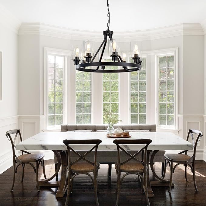 Lanhall 8-Light Black Dining Room Light Fixtures Farmhouse Wagon Wheel Chandelier Kitchen Island Pendant Lights Modern Industrial Rustic Adjustable Height Metal E26