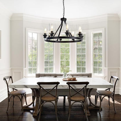 Lanhall 8-Light Black Dining Room Light Fixtures Farmhouse Wagon Wheel Chandelier Kitchen Island Pendant Lights Modern Industrial Rustic Adjustable Height Metal E26