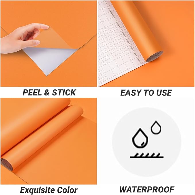 Decotalk Orange Contact Paper Orange Wallpaper Peel and Stick 17.7x200 Inch Solid Color Wallpaper for Bedroom Removable Solid Color Contact Paper for Cabinets and Drawers