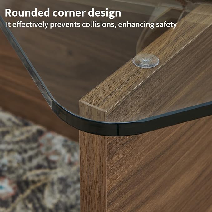 31.5" Square Glass Coffee Table, Mid-Century Modern Coffee Table with Tempered Glass Top and MDF Frame, Center Table for Small Spaces, Living Room, Office, Apartment, Walnut