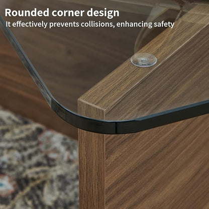 31.5" Square Glass Coffee Table, Mid-Century Modern Coffee Table with Tempered Glass Top and MDF Frame, Center Table for Small Spaces, Living Room, Office, Apartment, Walnut
