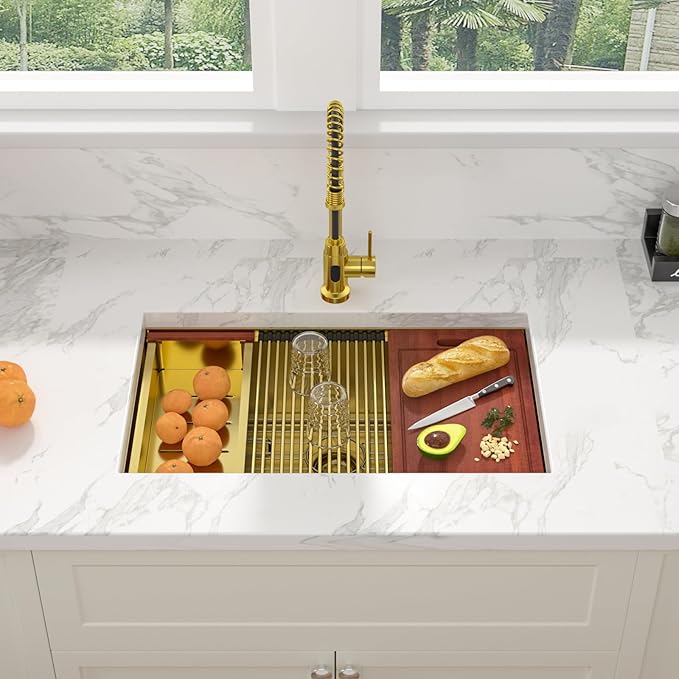 Sarlai 30 Inch Gold Undermount Kitchen Sink - 30" x18" Kitchen Sink Ledge Workstation 16 Gauge Gold Stainless Steel Deep Single Bowl Under Counter Rectangular Kitchen Sinks Basin