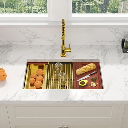 Sarlai 30 Inch Gold Undermount Kitchen Sink - 30" x18" Kitchen Sink Ledge Workstation 16 Gauge Gold Stainless Steel Deep Single Bowl Under Counter Rectangular Kitchen Sinks Basin