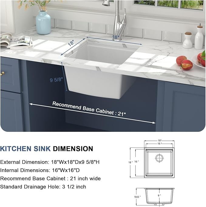 Lordear 18 Inch Granite Composite Bar Sink - 18"x18" Undermount Kitchen Sinks White Single Bowl Under Counter Ledge Workstation Bar Prep RV Sink Basin