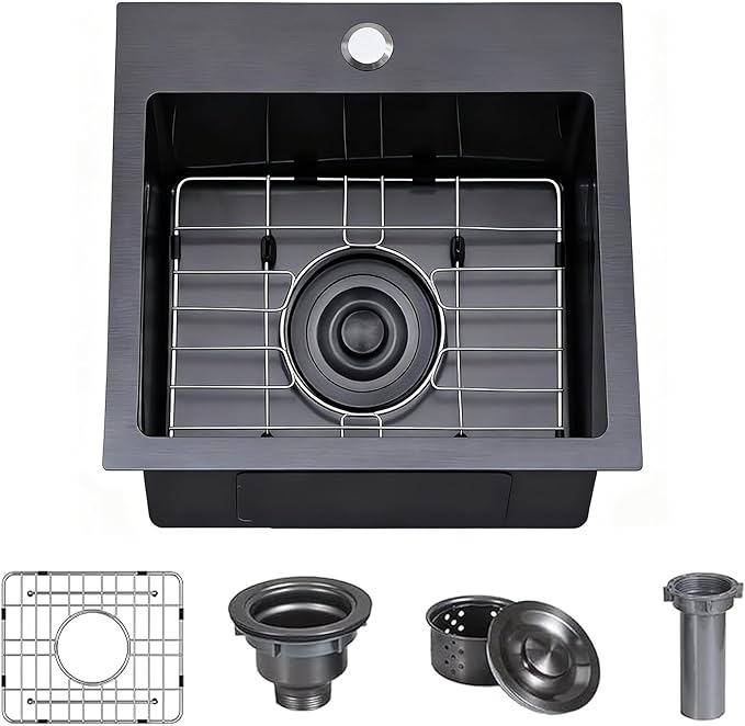 Friho 15x15 Inch Drop In Black Bar Sink, 16 Guage Stainless Steel Topmount Outdoor RV Small Kitchen Sink, 15 Inch Wet Prep Single Bowl Utility Bar Sink With Dish Grid & Drain