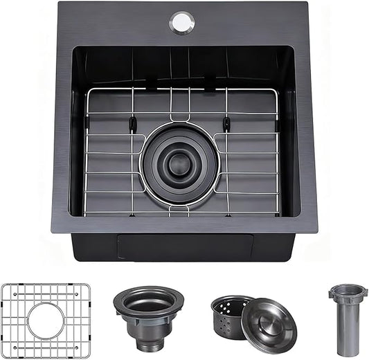 Friho 15x15 Inch Drop In Black Bar Sink, 16 Guage Stainless Steel Topmount Outdoor RV Small Kitchen Sink, 15 Inch Wet Prep Single Bowl Utility Bar Sink With Dish Grid & Drain