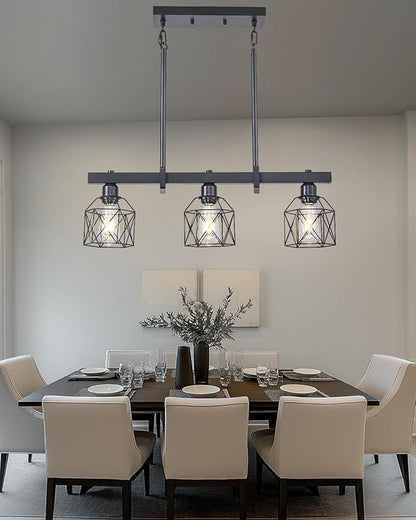 3-Light Farmhouse Kitchen Island Lighting Black Hardware and Black Metal cage Frame Design Rustic Vintage Pendant Ceiling Light Suitable for Dining Rooms and Living Rooms