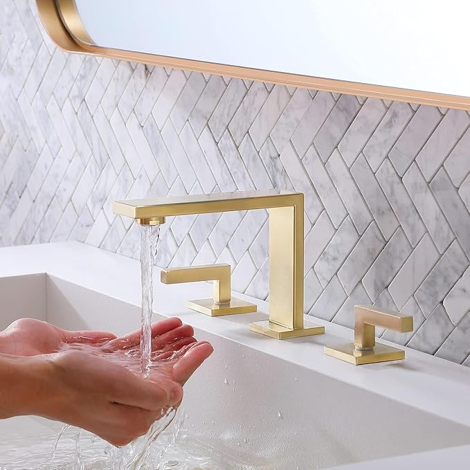 VCCUCINE 8 Inch Gold Bathroom Faucet, Modern Commercial 2 Handle 3 Holes Brushed Gold Widespread Bathroom Brass Lavatory Vanity Sink Faucet with Water Supply Lines