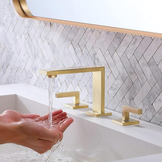 VCCUCINE 8 Inch Gold Bathroom Faucet, Modern Commercial 2 Handle 3 Holes Brushed Gold Widespread Bathroom Brass Lavatory Vanity Sink Faucet with Water Supply Lines
