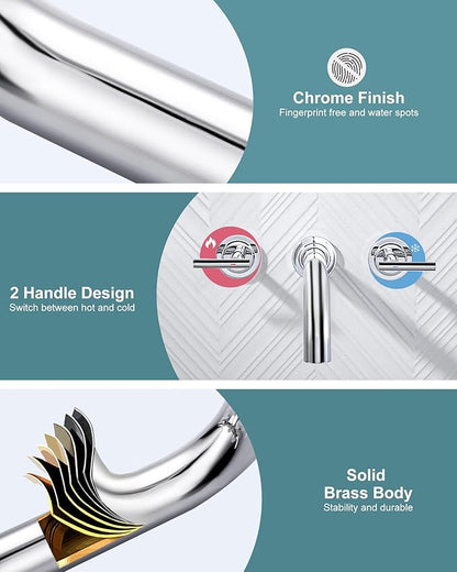 Wall Mount Tub Filler: WOWOW Chrome Bathtub Faucet Long Spout Reach, Bath Tub Filler Faucet 2 Handle Wall Mounted Bathtub Faucets with Brass Rough in Valve Included Wall Mounted Tub Faucet