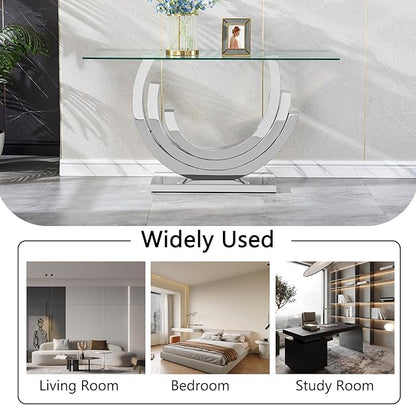 HomVent 55.12" Glass Console Table, Living Room Entry Tables, Modern Narrow Silver Tempered Glass Top Side Tables Bedroom, Rectangle Bedside Eating Tables for Home Office with Stainless Steel Base