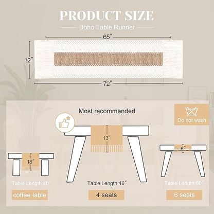 FEXIA Boho Table Runner for Spring Home Decor with Tassels 72 Inches Long Farmhouse Rustic Table Runner Macrame Burlap Table Decoration for Kitchen Living Room Bridal Shower(12x72 Inches)