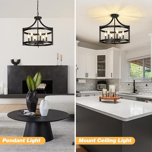 LynPon 6 Lights Large Modern Farmhouse Chandelier, 19" Convertible Semi Flush Mount Ceiling Light Fixture Hanging Light Rustic Round Cage Black Chandelier for Foyer Dining Room Kitchen Entryway