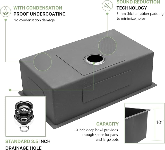 28 Inch Black Undermount Kitchen Sink - Beslend 28"x18"x10" Gunmetal Black Stainless Steel 16 Gauge 10 Inch Deep Single Bowl Kitchen Sink Basin