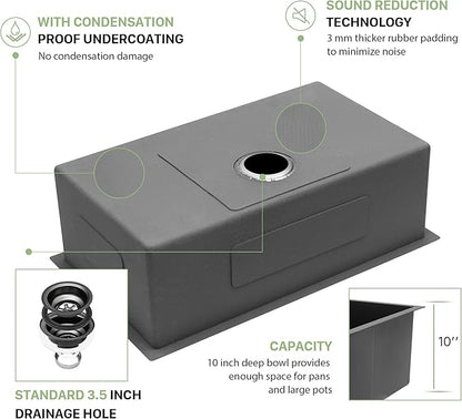 28 Inch Black Undermount Kitchen Sink - Beslend 28"x18"x10" Gunmetal Black Stainless Steel 16 Gauge 10 Inch Deep Single Bowl Kitchen Sink Basin