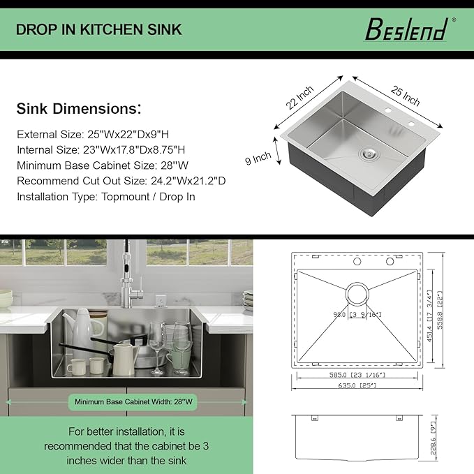 25 Drop In Kitchen Sink - Beslend 25x22 Inch Kitchen Sink Drop In Stainless Steel Sinks Topmount 16 Gauge 9" Deep Single Bowl Above Counter Sinks Dish Basin, Sink Only