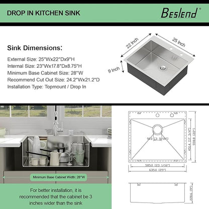 25 Drop In Kitchen Sink - Beslend 25x22 Inch Kitchen Sink Drop In Stainless Steel Sinks Topmount 16 Gauge 9" Deep Single Bowl Above Counter Sinks Dish Basin, Sink Only