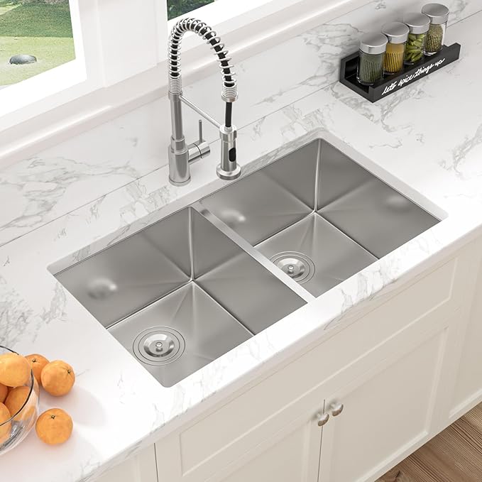 Sarlai 33 Undermount Sink Double Bowl - 33x19 Kitchen Sink Undermount Stainless Steel 16 Gauge Round Corner Double Bowl 50/50 Sink Basin