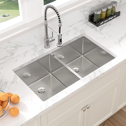 Sarlai 33 Undermount Sink Double Bowl - 33x19 Kitchen Sink Undermount Stainless Steel 16 Gauge Round Corner Double Bowl 50/50 Sink Basin