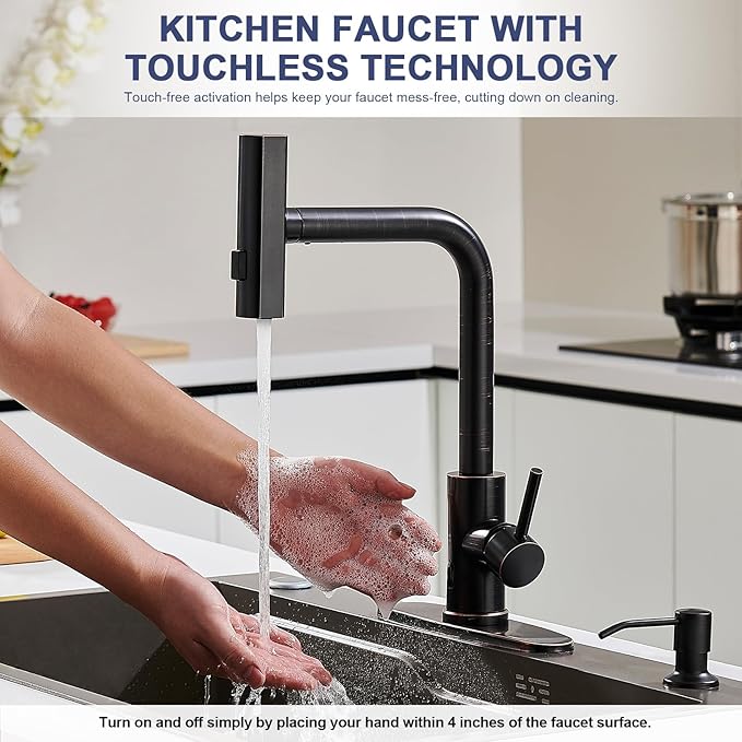 AVSIILE Touchless Kitchen Faucets with Pull Down Sprayer & Soap Dispenser, Single Hole & Handle, Oil Rubbed Bronze Pull Out Waterfall Sink Faucet Suitable for Farmhouse Camper Laundry Rv