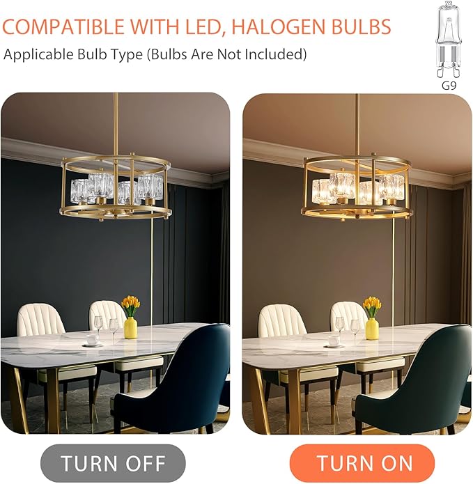 Modern Gold Chandeliers for Dining Room Over Table, Farmhouse Pendant Lighting Fixtures Drum Chandelier 4-Light Round Ceiling Lights
