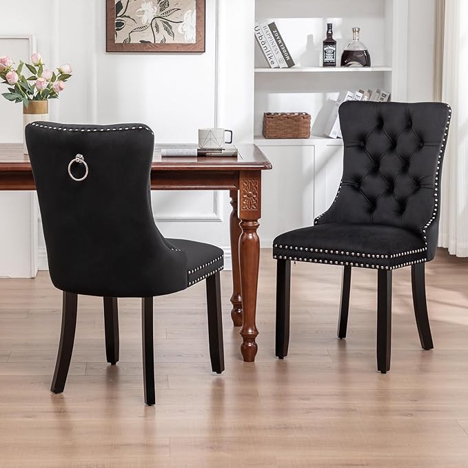Eifizek Velvet Dining Chairs Set of 2, Tufted Dining Room Chairs with Nailhead Ring Pull Trim, Upholstered Dining Chairs with Solid Wood Legs for Kitchen Dining Room (Black)