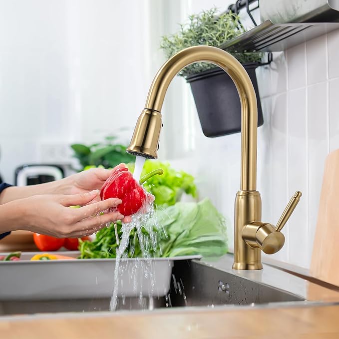 WOWOW Gold Kitchen Faucet with Sprayer - 304 Stainless Steel Kitchen Sink Faucet High Arc Pull Down Design for 1 or 3 Hole, Vintage Style