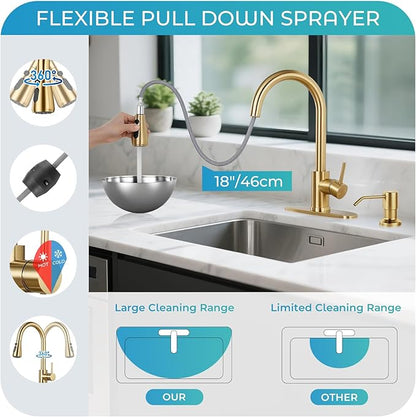 Pull Down Kitchen Faucet with Soap Dispenser - Brushed Gold Single Handle Kitchen Faucets, High Arc Stainless Steel Pull Out Kitchen Sink Faucet with Deck for RV Laundry Farmhouse Bar