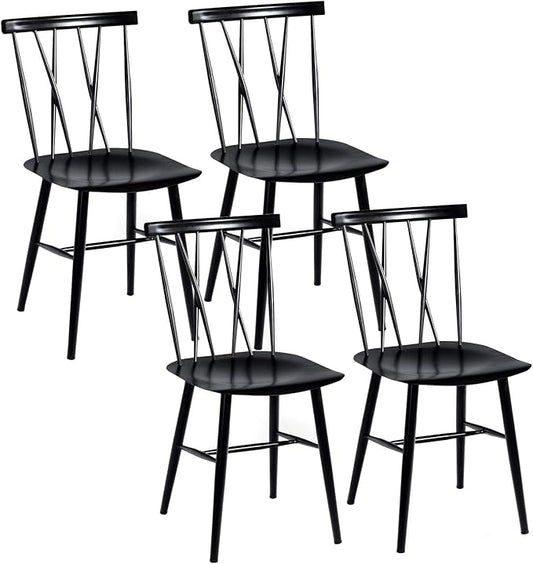 COSTWAY Dining Chair Set of 4, Farmhouse Windsor Chairs Dining Room Chairs with Spindle Back and Sturdy Metal Construction, Kitchen Side Chair for Living Room Restaurant, Black (Height 17'')