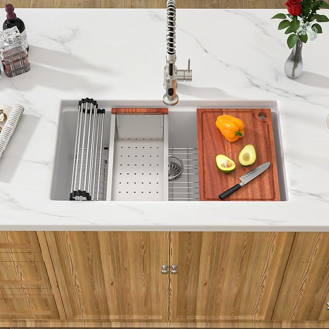 30 White Undermount Kitchen Sink Sink - 30''x19'' Granite Composite 9'' Deep Workstation Sink Ledge Quartz Classic Under Counter Single Bowl Basin