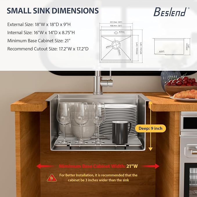 18 Outdoor Kitchen Sink - Beslend 18x18 Outdoor Sink Bar Sink RV Sinks Drop In, Topmount Stainless Steel Kitchen Sinks Wet Bar Sinks Workstation 16 Gauge Single Bowl Above Counter Indoor Outdoor