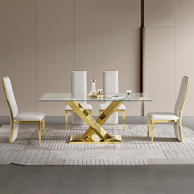 69” Modern Glass Dining Table for 6, Luxury Clear Tempered Glass Top with Gold X-Base Stainless Steel Legs, Elegant Rectangle Dining Room Table