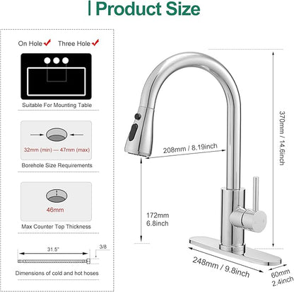 VOTON Kitchen Faucet with Pull Down Sprayer, Chrome Kitchen Faucets Modern Single Handle High Arc Pull Out Kitchen Sink Faucet 1 or 3 Hole, Faucet for Farmhouse Camper Rv Kitchen Bar Laundry