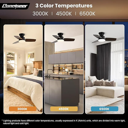 Conciseer 30 Inch Ceiling Fans with Lights and Remote, Bedroom Living Room Office, Flush Mount, 3CCT Dimmable, Dual Color 3 Blades, 6 Speed Reversible Quiet DC Motor, Black/Wood Grain, 2 Pack