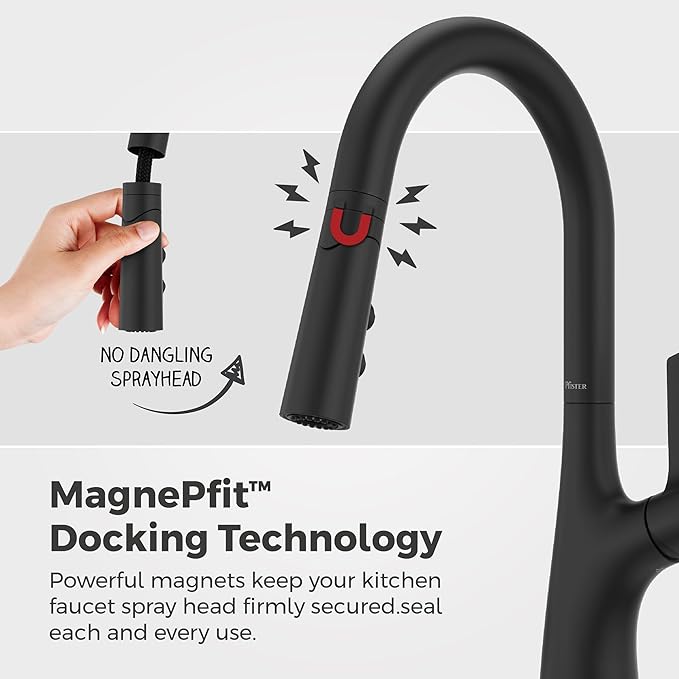 Pfister Ceylon Kitchen Faucet with Pull Down Sprayer and Soap Dispenser, Single Handle, High Arc Spout, Matte Black Finish, NSF Certified, 1-Hole Installation F5297CLOSDB