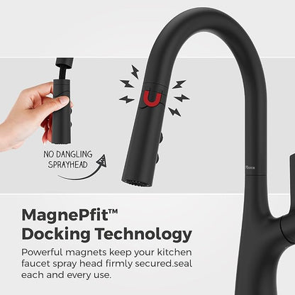 Pfister Ceylon Kitchen Faucet with Pull Down Sprayer and Soap Dispenser, Single Handle, High Arc Spout, Matte Black Finish, NSF Certified, 1-Hole Installation F5297CLOSDB