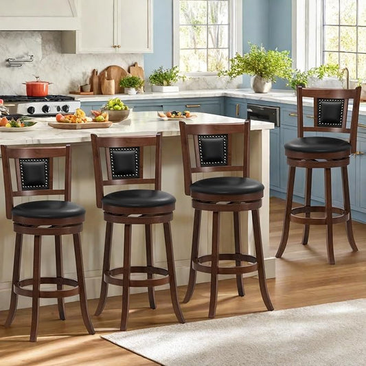 ERGOMASTER Set of 4 Swivel Bar Stools 30.5 Inch Height - 360° Rotating PU Leather Counter Stools with Backrest & Footrest, Brown Tobacco Wood Kitchen Island Stools, 250 lbs Capacity