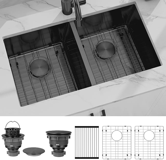 LQS Black Undermount Kitchen Sink 32 Inch, Black Kitchen Sink Undermount 32" x 18", 50/50 Double Bowl 16 Gauge Stainless Steel Sinks with Roll-up Dying Rack and Accessories, R10 Round Corner