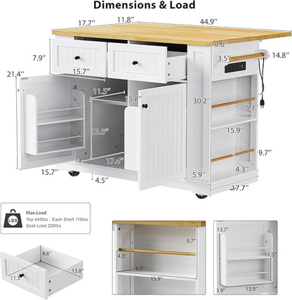Merax Farmhouse Kitchen Island on Wheels with Drop Leaf & Power Outlet, Wood Kitchen Rolling Cart with Internal Storage Rack, 2 Drawers & 5 Side Shelves, 48" Wide White