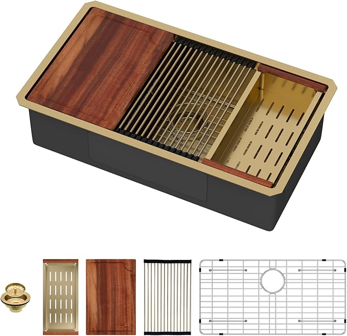33 Undermount Gold Kitchen Sink Workstation 16 Gauge Stainless Steel 9 In Deep Kitchen Sinks with Practical Accessories