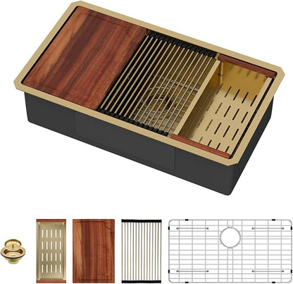 33 Undermount Gold Kitchen Sink Workstation 16 Gauge Stainless Steel 9 In Deep Kitchen Sinks with Practical Accessories